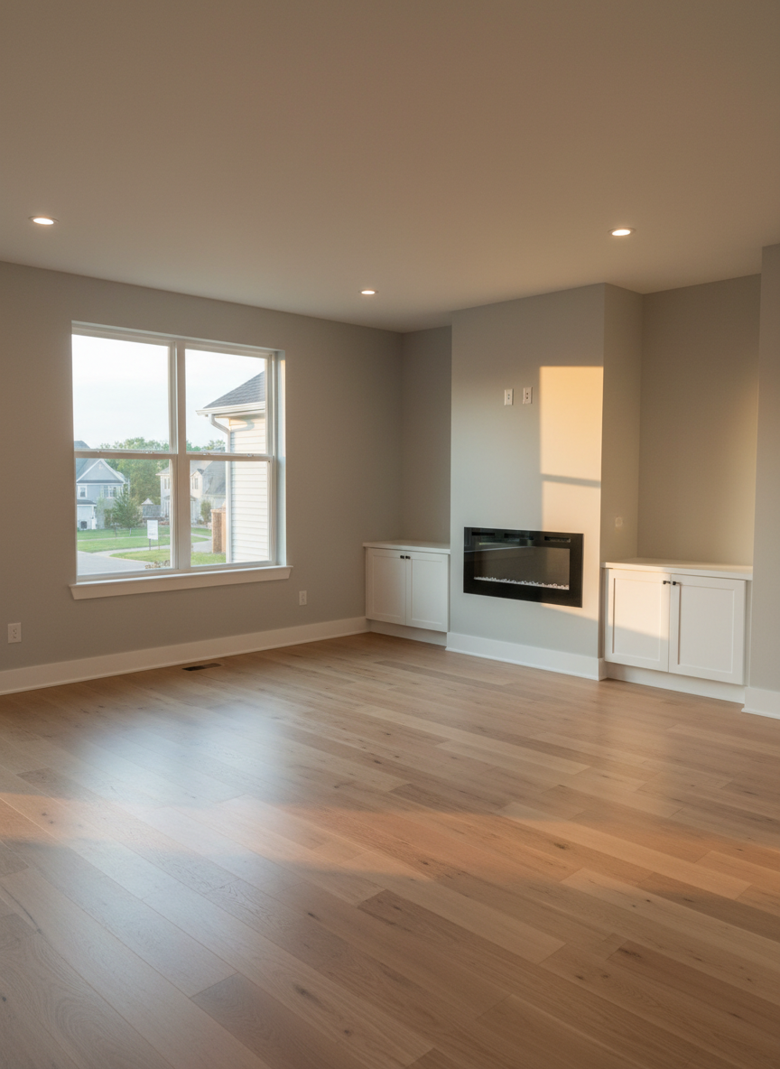 A bright, modern living room of a Columbus rental home with soft gray walls, wide-plank light oak flooring, and large double-pane windows allowing abundant natural daylight to flood the space. A built-in white media console anchors one wall, while a clean-lined electric fireplace with a simple black surround adds a focal point. The room is empty of furniture, emphasizing spaciousness and move-in readiness. Golden hour sunlight streams in, casting long, gentle shadows and warm highlights on the floor. The composition is framed using the rule of thirds from an eye-level perspective, with sharp focus throughout to show every architectural detail. The atmosphere is calm, professional, and welcoming, created in a clean, photographic style suitable for a rental listing site.
