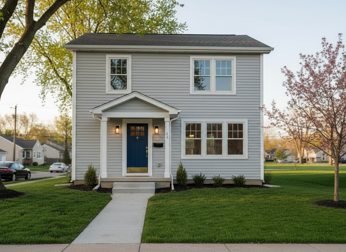 A freshly renovated two-story single-family home in Columbus, Ohio, with light gray siding, crisp white trim, and a welcoming navy front door, captured in photographic realism. The house sits on a neatly manicured lawn with a simple concrete walkway leading from the sidewalk to the front steps. Soft late-afternoon natural light bathes the façade, creating gentle shadows beneath the eaves and a warm glow on the windows. The surrounding neighborhood is subtly visible but blurred, emphasizing the home as the primary subject. Shot from a slightly elevated eye-level angle with sharp focus on the house and a softly defocused background. The mood is professional, calm, and inviting, reflecting a high-quality rental listing ready for viewing.