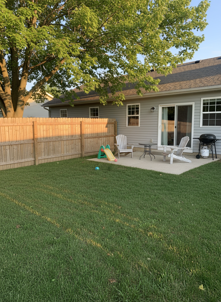 A cozy, well-maintained backyard of a Columbus rental home, featuring a small concrete patio directly behind the house and a level, fully fenced lawn with thick, healthy green grass. A simple wooden privacy fence surrounds the yard, with a mature maple tree rising beyond the fence line, its leaves softly diffusing the late-afternoon sunlight. The back of the house shows sliding glass doors and a modest light-gray exterior with white-trimmed windows. The scene is captured in photographic realism from a slightly elevated corner angle, creating a sense of depth and usable outdoor space. Shadows are soft and elongated, suggesting early evening, and the overall mood is peaceful, safe, and family-friendly, ideal for renters seeking outdoor space.