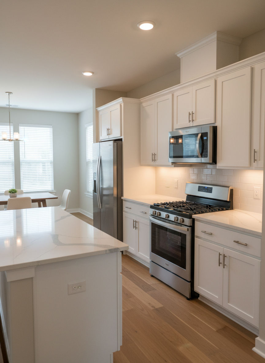 A contemporary open-concept kitchen in a Columbus rental house, featuring smooth white shaker cabinets, sleek brushed-nickel hardware, and a large central island with a polished quartz countertop in soft veining tones. Stainless steel appliances—a freestanding range, microwave hood, and French-door refrigerator—reflect subtle highlights from recessed ceiling lights. A subway tile backsplash in glossy white runs the length of the counter, adding texture. Under-cabinet lighting casts a gentle glow, illuminating the surfaces without harsh glare. The room is photographed in crisp photographic realism from a slightly wide-angle perspective, capturing both the kitchen and a glimpse of the connected dining area. The mood is clean, modern, and practical, ideal for showcasing a high-quality rental property ready for tours and applications.