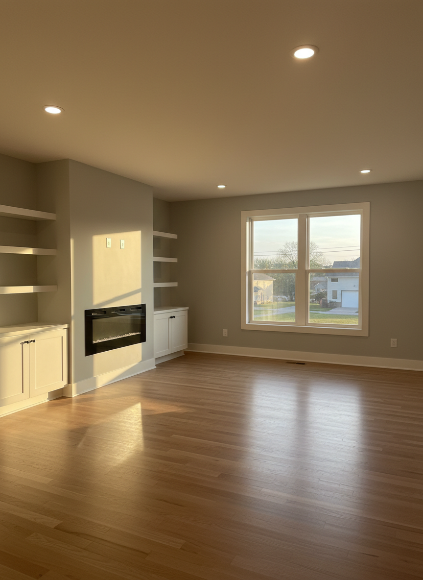 A bright, modern living room of a Columbus rental home with soft gray walls, wide-plank light oak flooring, and large double-pane windows allowing abundant natural daylight to flood the space. A built-in white media console anchors one wall, while a clean-lined electric fireplace with a simple black surround adds a focal point. The room is empty of furniture, emphasizing spaciousness and move-in readiness. Golden hour sunlight streams in, casting long, gentle shadows and warm highlights on the floor. The composition is framed using the rule of thirds from an eye-level perspective, with sharp focus throughout to show every architectural detail. The atmosphere is calm, professional, and welcoming, created in a clean, photographic style suitable for a rental listing site.