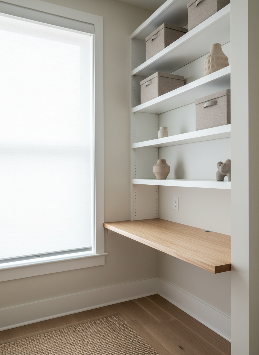 A clean, organized home office nook within a Columbus rental property, carved out of a small alcove near a large window. Built-in white shelving lines one wall from desk height upward, filled sparsely with neutral-toned storage boxes and a few simple decorative objects. The desk surface is an empty, smooth wood slab with subtle grain, emphasizing potential for a tenant’s personal workspace. Soft diffused daylight filters through sheer white blinds, creating a gentle, even illumination with minimal shadows. The composition is photographed at eye level with a slight angle to reveal both desk and shelving, maintaining sharp focus and a minimalist, photographic realism style. The mood is calm, functional, and professional, highlighting the home’s versatility for remote work or study in a rental context.